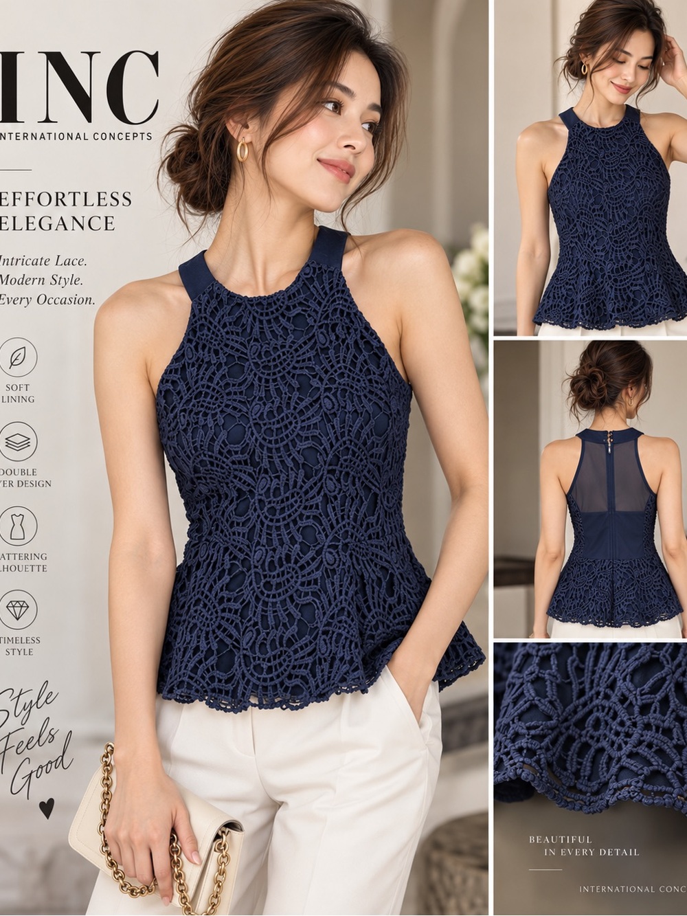INC Navy Blue Lace Sleeveless Peplum Top XS New Unworn